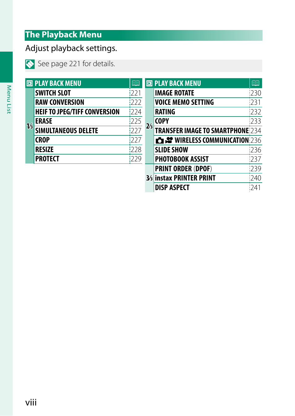 The playback menu, Viii | FujiFilm X-H2 Mirrorless Camera User Manual | Page 8 / 404