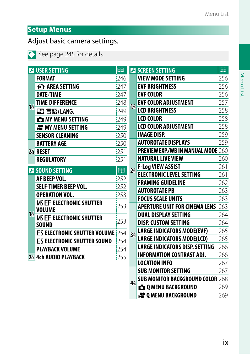 Setup menus | FujiFilm X-H2 Mirrorless Camera User Manual | Page 9 / 404