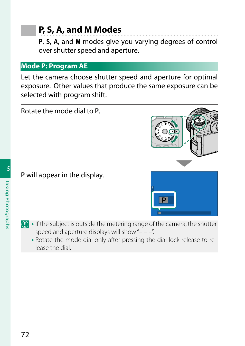 P, s, a, and m modes, Mode p: program ae | FujiFilm X-H2 Mirrorless Camera User Manual | Page 96 / 404