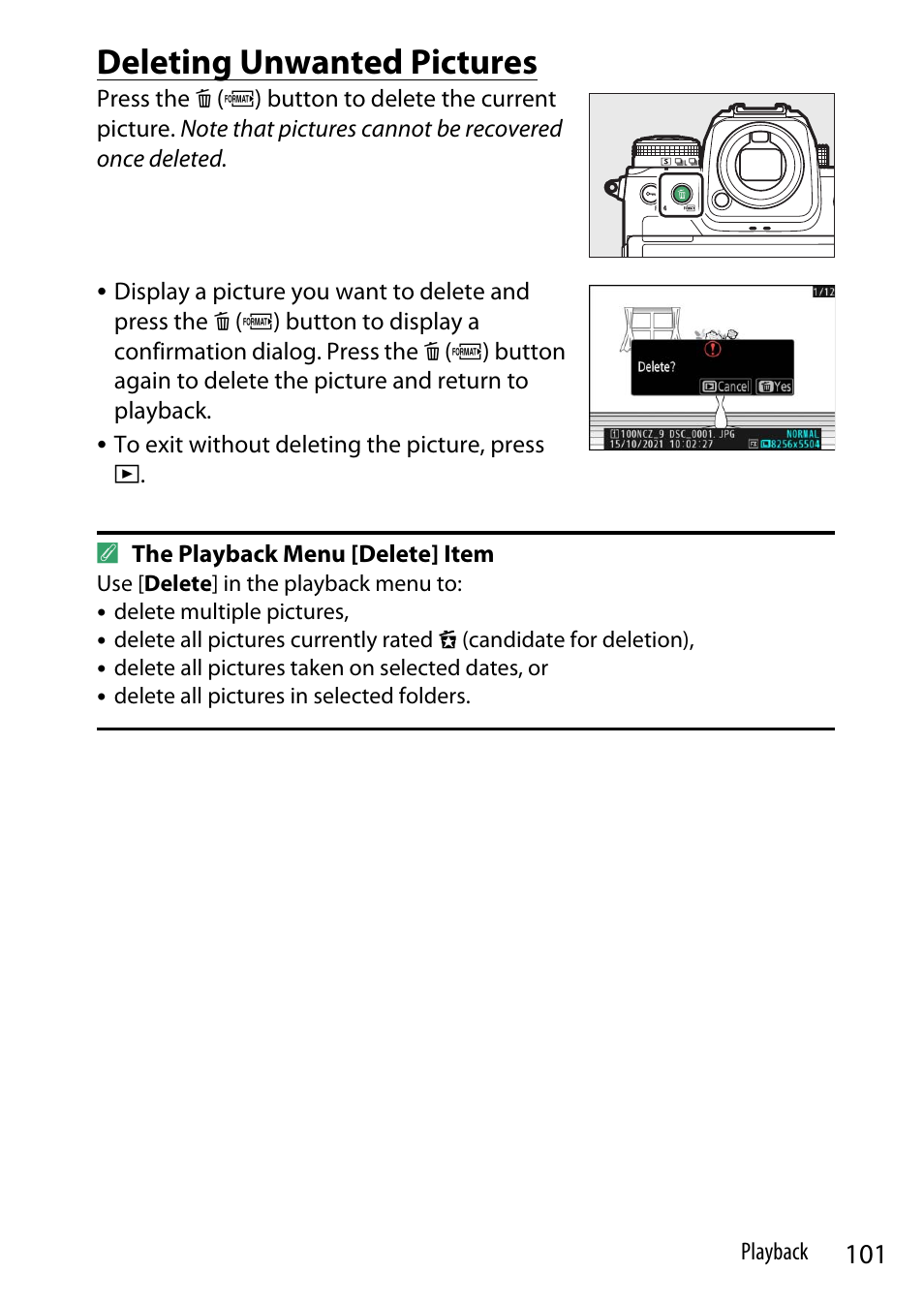 Deleting unwanted pictures | Nikon Z9 Mirrorless Camera User Manual | Page 101 / 914