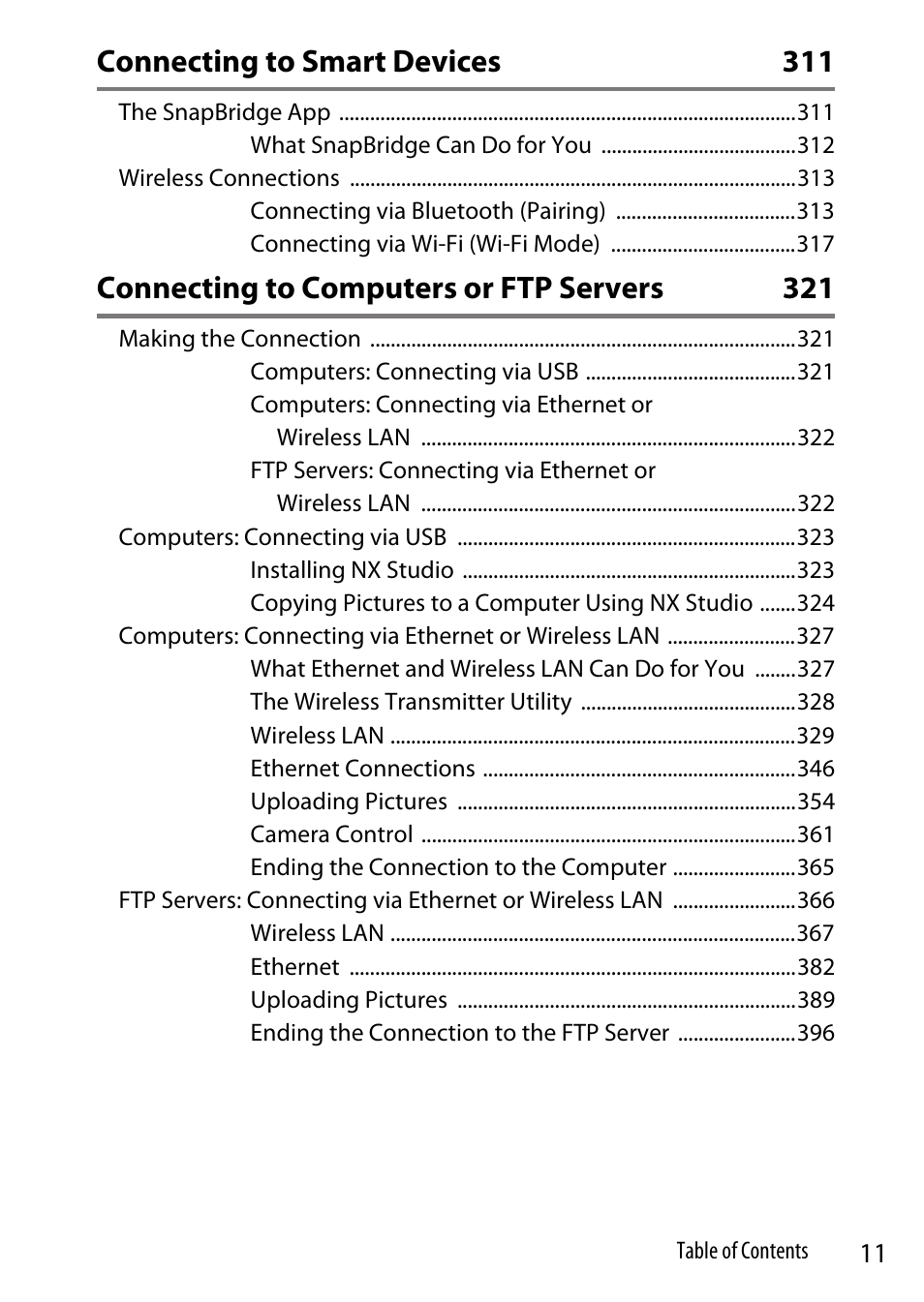 Connecting to smart devices 311, Connecting to computers or ftp servers 321 | Nikon Z9 Mirrorless Camera User Manual | Page 11 / 914