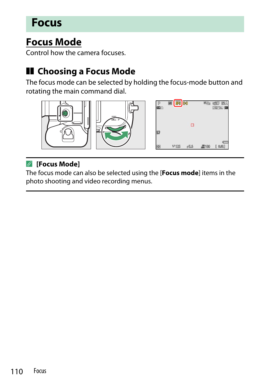 Focus, Focus mode, Choosing a focus mode | Nikon Z9 Mirrorless Camera User Manual | Page 110 / 914
