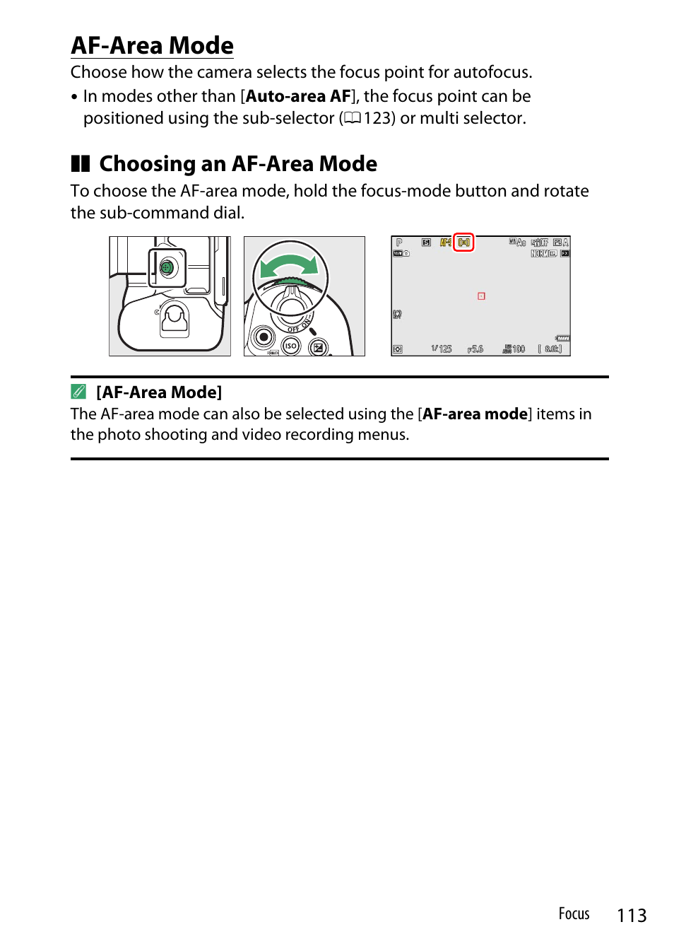 Af-area mode, Choosing an af-area mode | Nikon Z9 Mirrorless Camera User Manual | Page 113 / 914
