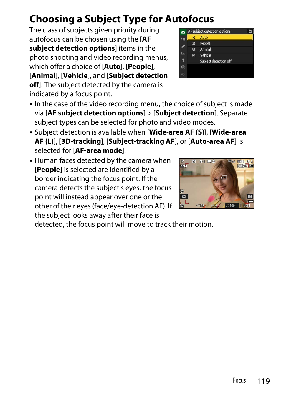 Choosing a subject type for autofocus | Nikon Z9 Mirrorless Camera User Manual | Page 119 / 914