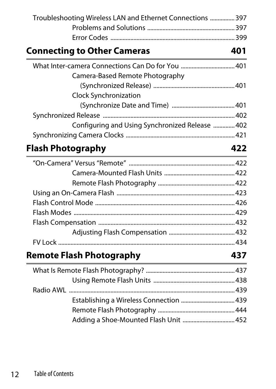 Connecting to other cameras 401, Flash photography 422, Remote flash photography 437 | Nikon Z9 Mirrorless Camera User Manual | Page 12 / 914