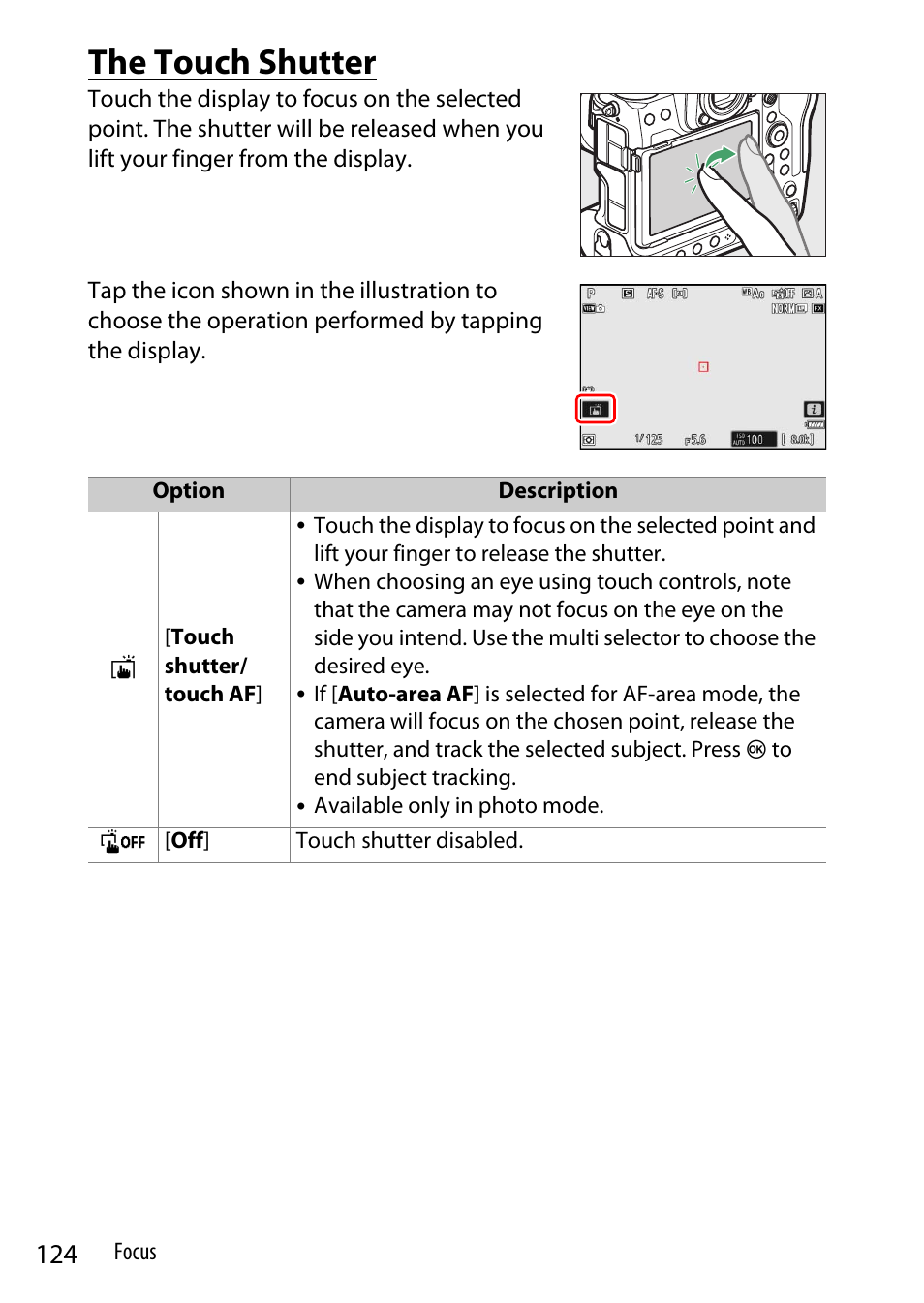 The touch shutter, Uch shooting | Nikon Z9 Mirrorless Camera User Manual | Page 124 / 914