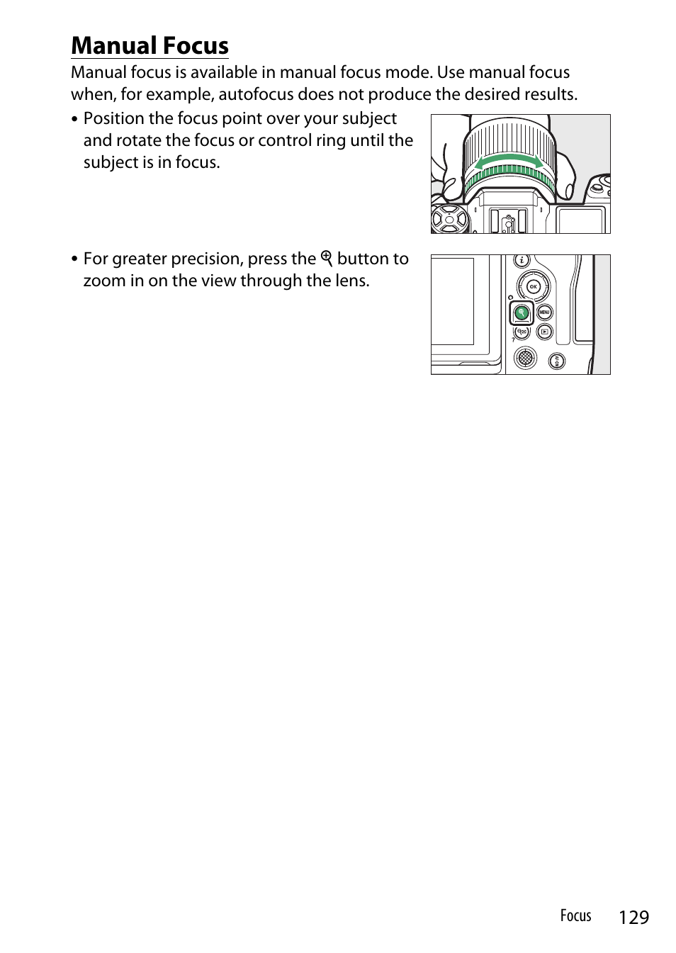 Manual focus | Nikon Z9 Mirrorless Camera User Manual | Page 129 / 914