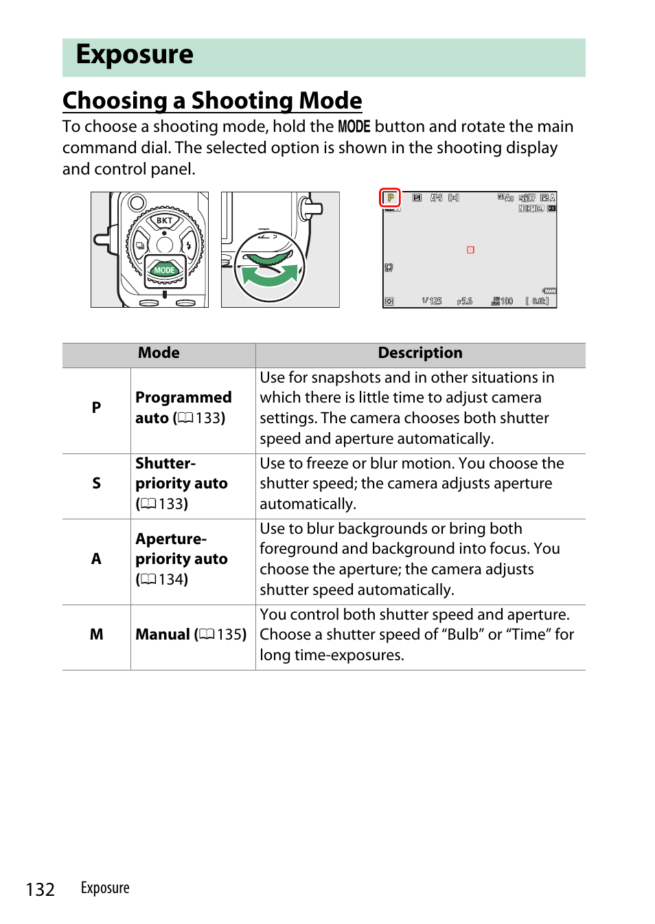 Exposure, Choosing a shooting mode | Nikon Z9 Mirrorless Camera User Manual | Page 132 / 914