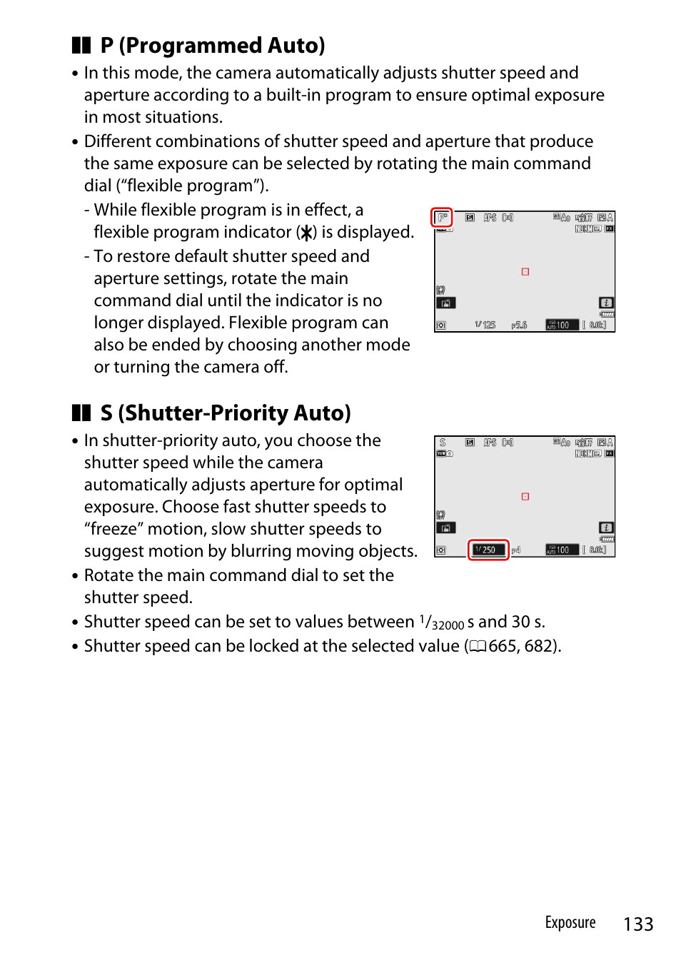 Auto, P (programmed auto), S (shutter-priority auto) | Nikon Z9 Mirrorless Camera User Manual | Page 133 / 914