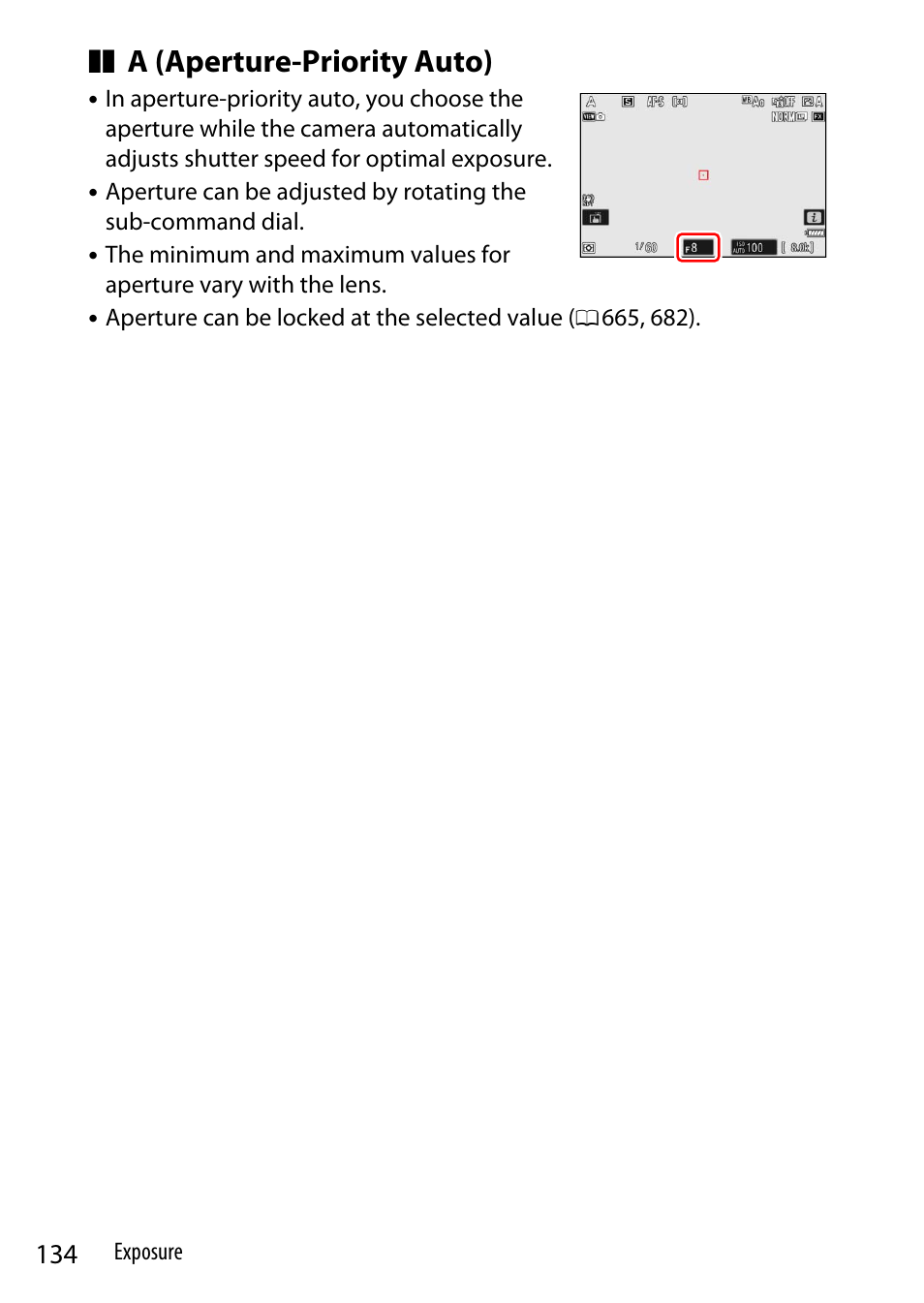 Aperture, A (aperture-priority auto) | Nikon Z9 Mirrorless Camera User Manual | Page 134 / 914