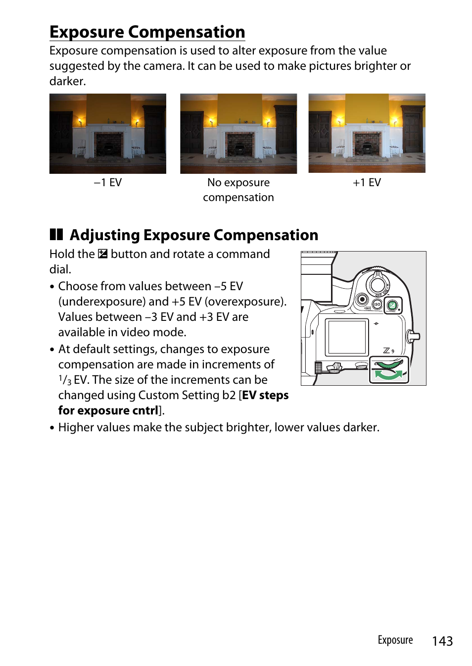 Exposure compensation, Adjusting exposure compensation | Nikon Z9 Mirrorless Camera User Manual | Page 143 / 914