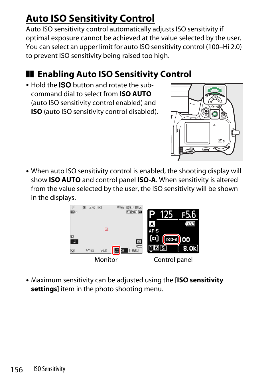 Auto iso sensitivity control, Enabling auto iso sensitivity control | Nikon Z9 Mirrorless Camera User Manual | Page 156 / 914