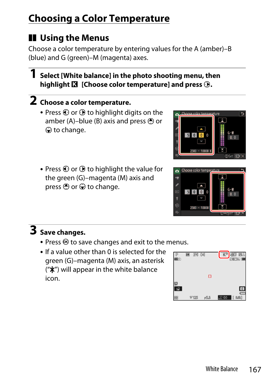 Choosing a color temperature, Using the menus | Nikon Z9 Mirrorless Camera User Manual | Page 167 / 914