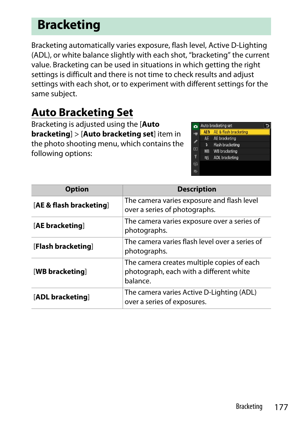 Bracketing, Auto bracketing set | Nikon Z9 Mirrorless Camera User Manual | Page 177 / 914