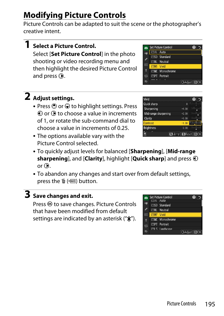 Modifying picture controls | Nikon Z9 Mirrorless Camera User Manual | Page 195 / 914