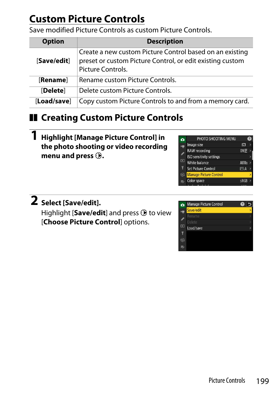 Custom picture controls, Creating custom picture controls | Nikon Z9 Mirrorless Camera User Manual | Page 199 / 914