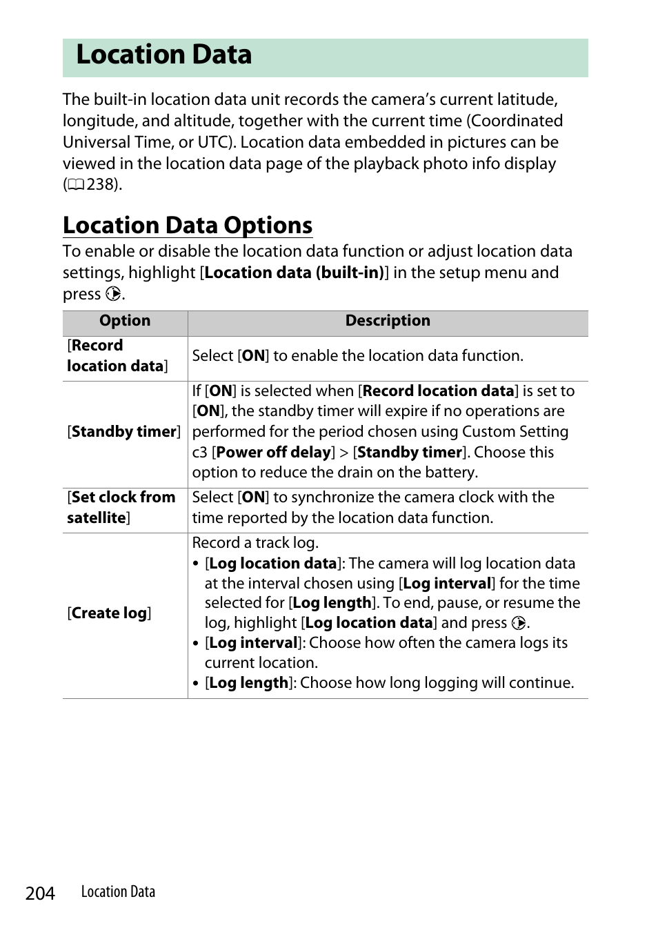 Location data, Location data options | Nikon Z9 Mirrorless Camera User Manual | Page 204 / 914