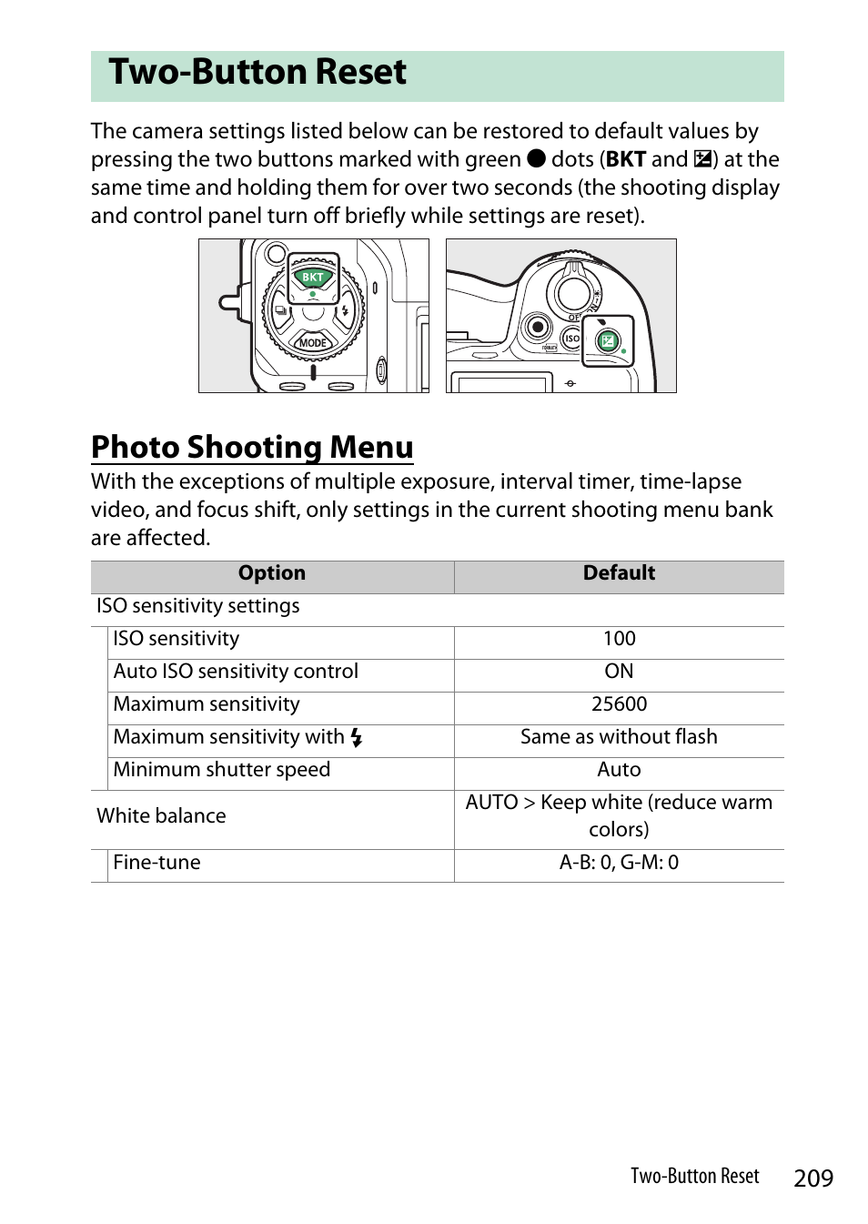 Two-button reset, Photo shooting menu | Nikon Z9 Mirrorless Camera User Manual | Page 209 / 914