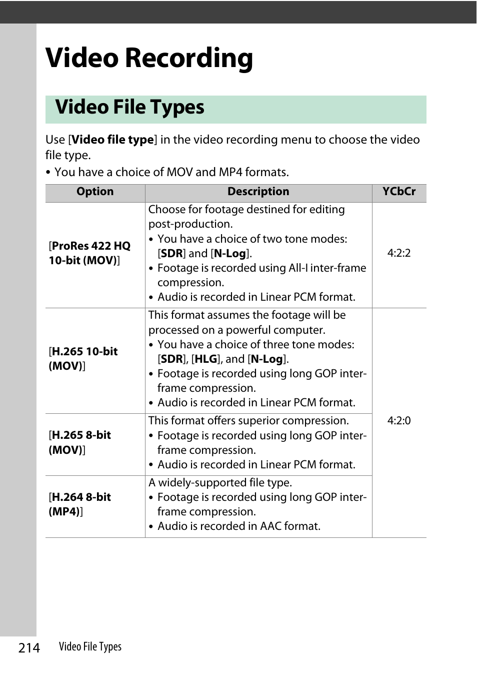 Video recording, Video file types | Nikon Z9 Mirrorless Camera User Manual | Page 214 / 914