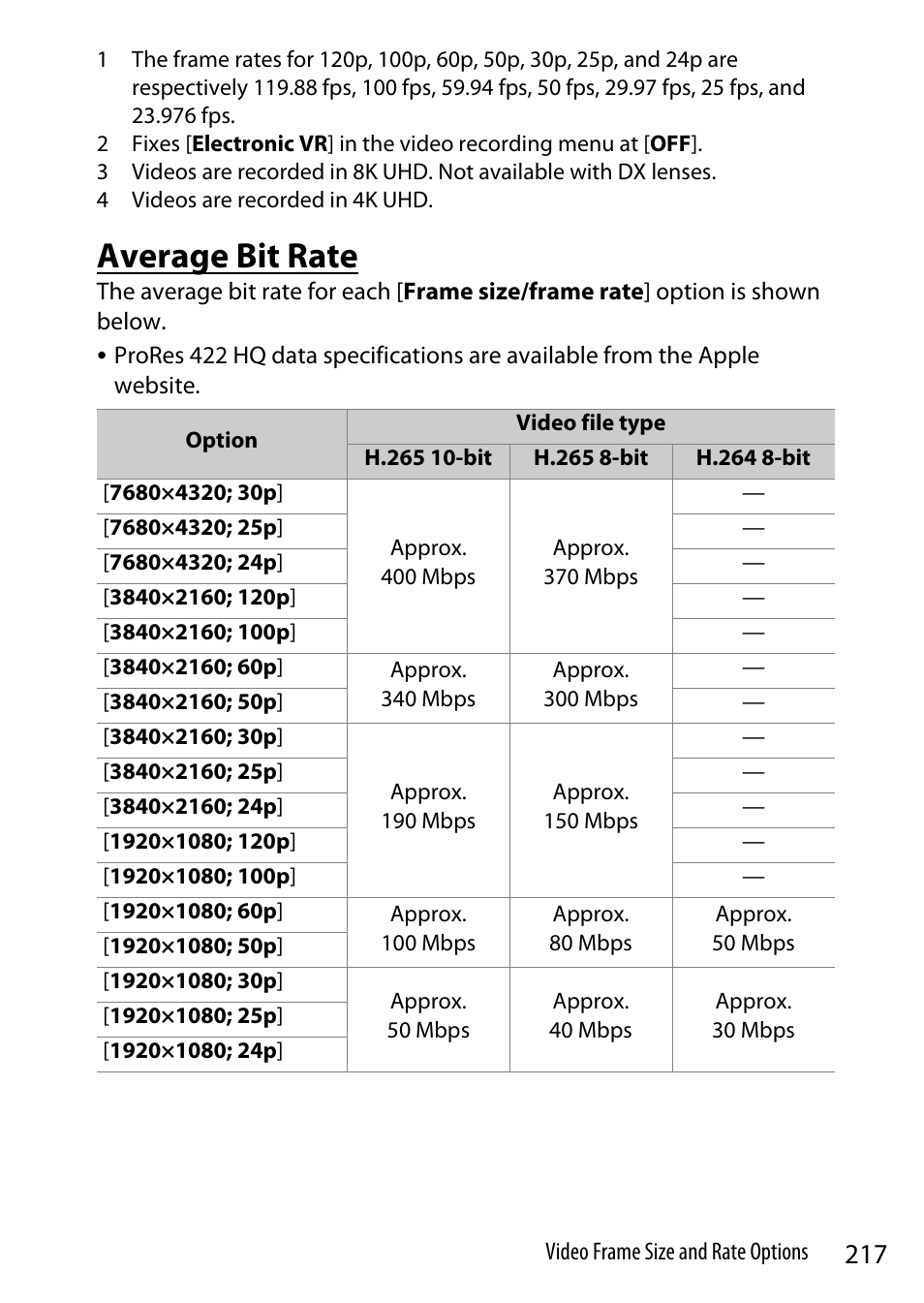 Average bit rate | Nikon Z9 Mirrorless Camera User Manual | Page 217 / 914