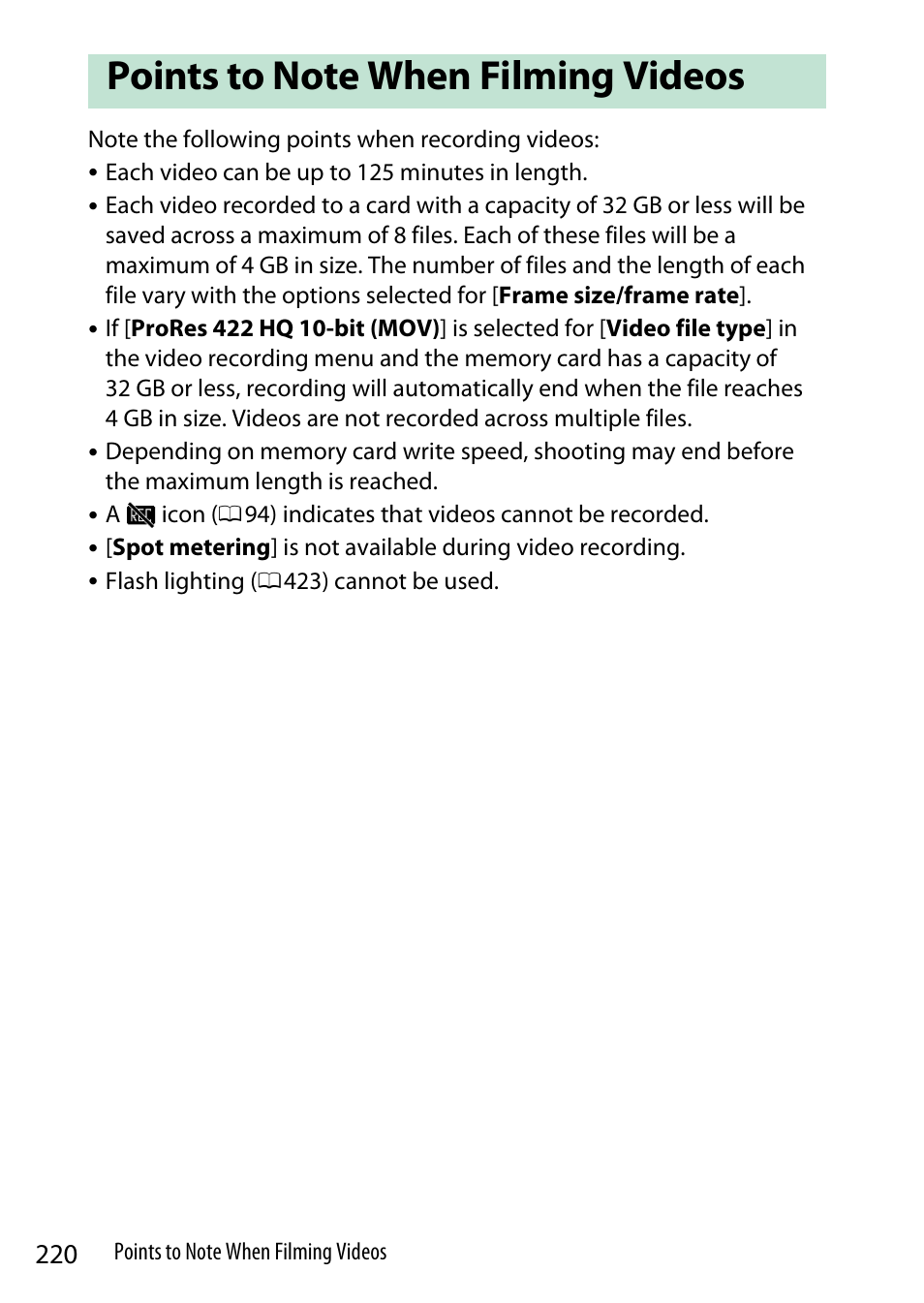 Points to note when filming videos | Nikon Z9 Mirrorless Camera User Manual | Page 220 / 914