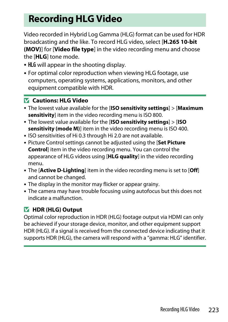 Recording hlg video | Nikon Z9 Mirrorless Camera User Manual | Page 223 / 914