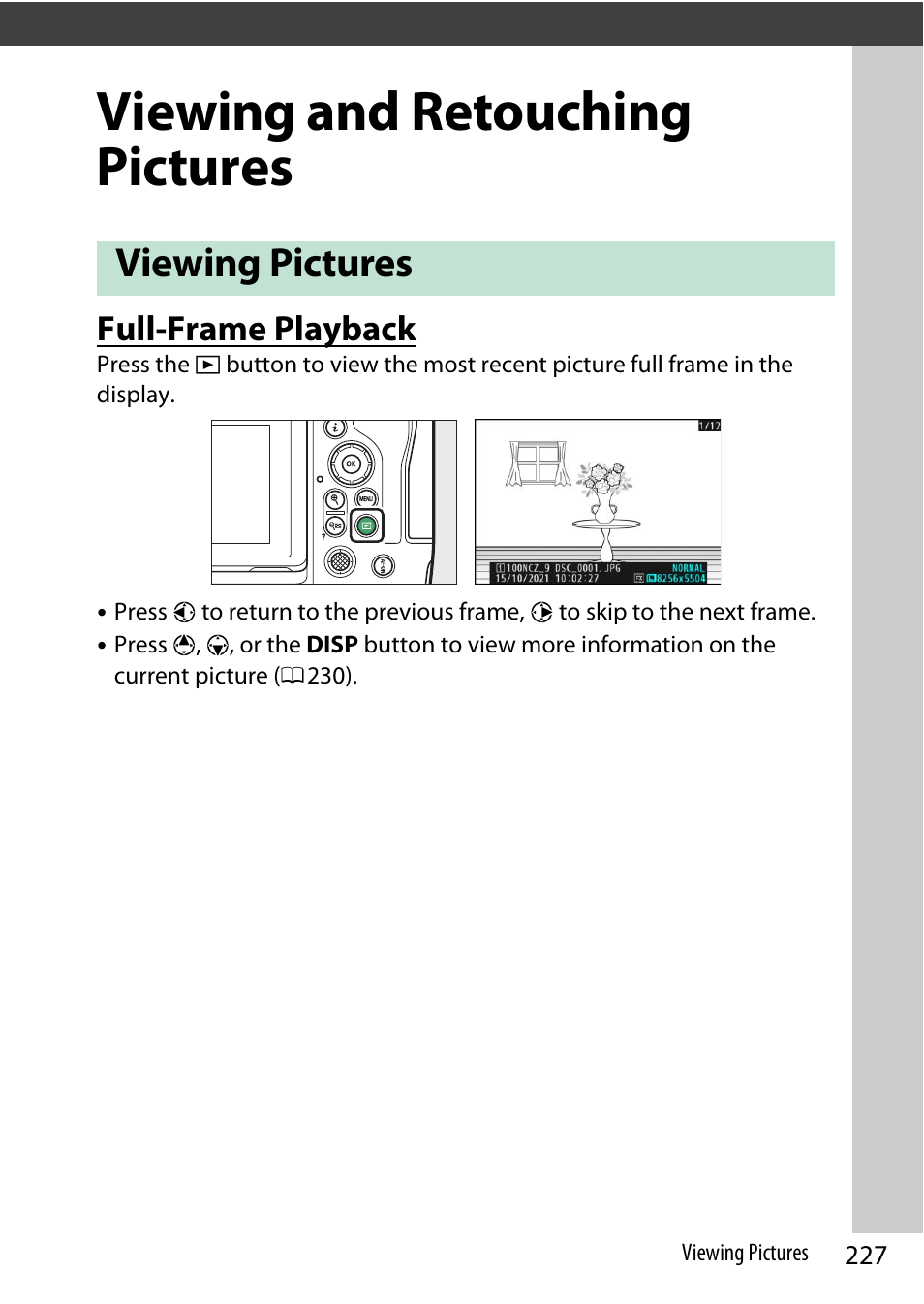 Viewing and retouching pictures, Viewing pictures, Full-frame playback | Nikon Z9 Mirrorless Camera User Manual | Page 227 / 914