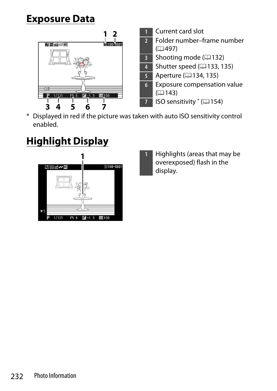 Exposure data, Highlight display | Nikon Z9 Mirrorless Camera User Manual | Page 232 / 914