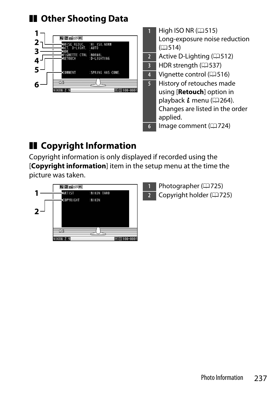 Other shooting data, Copyright information | Nikon Z9 Mirrorless Camera User Manual | Page 237 / 914