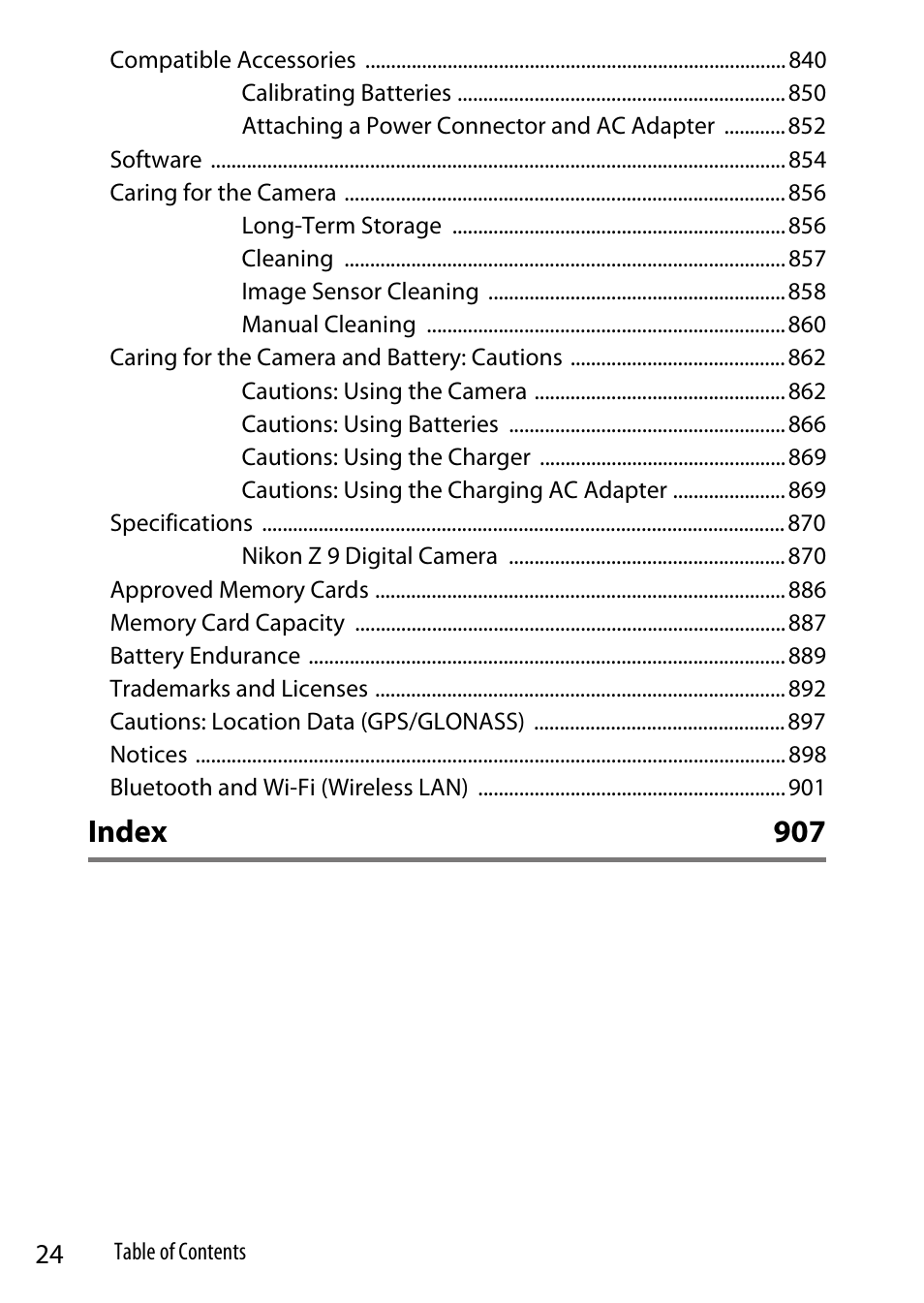 Ind ex 907 | Nikon Z9 Mirrorless Camera User Manual | Page 24 / 914