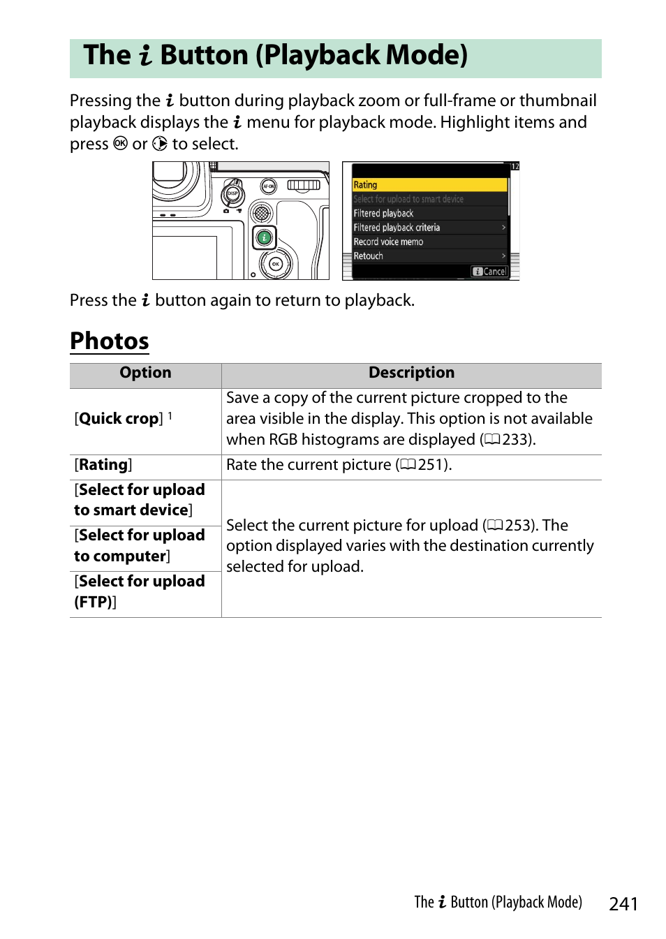 The i button (playback mode), Photos, Button (playback mode) | Nikon Z9 Mirrorless Camera User Manual | Page 241 / 914