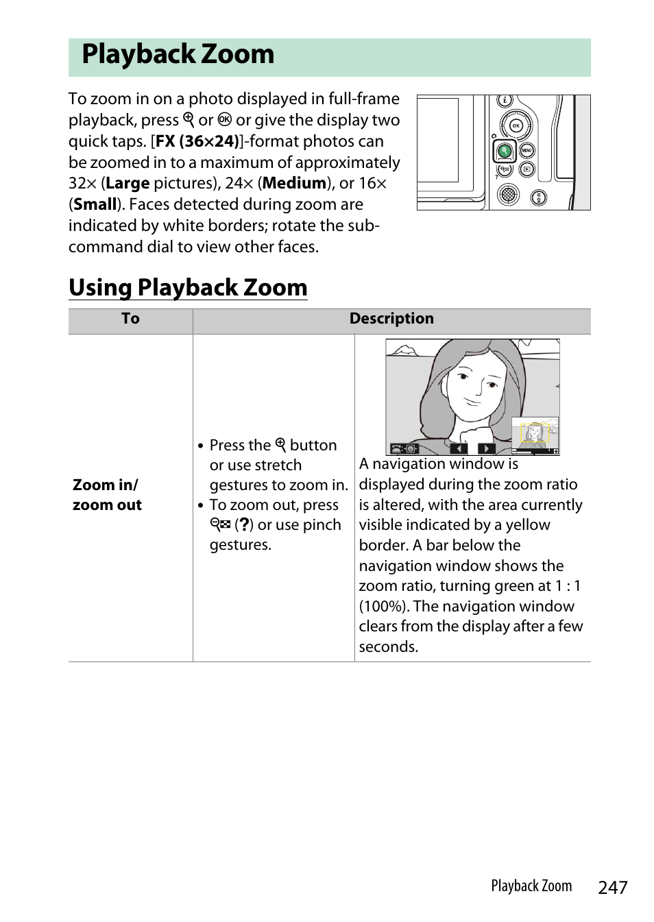 Playback zoom, Using playback zoom | Nikon Z9 Mirrorless Camera User Manual | Page 247 / 914