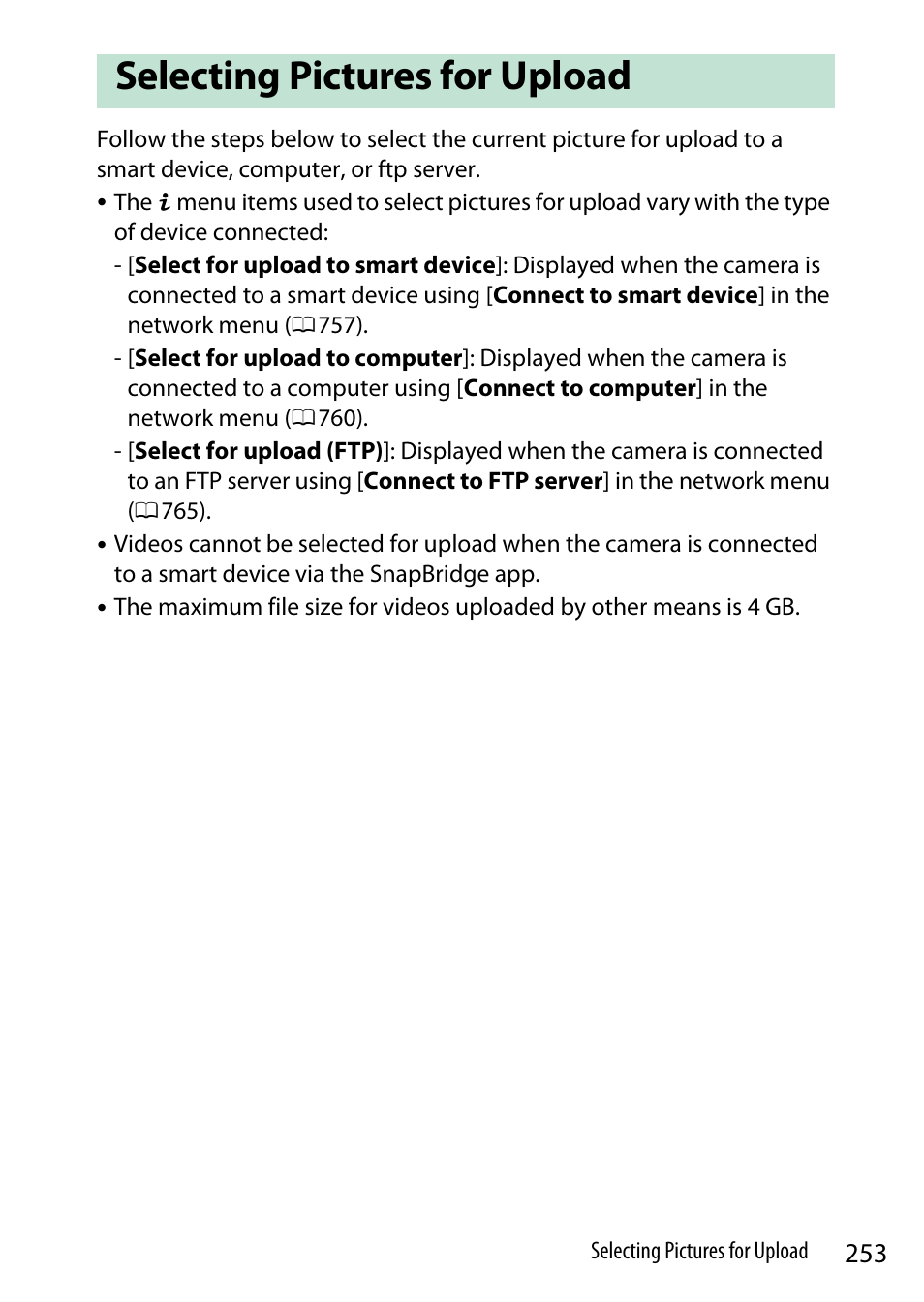 Selecting pictures for upload | Nikon Z9 Mirrorless Camera User Manual | Page 253 / 914