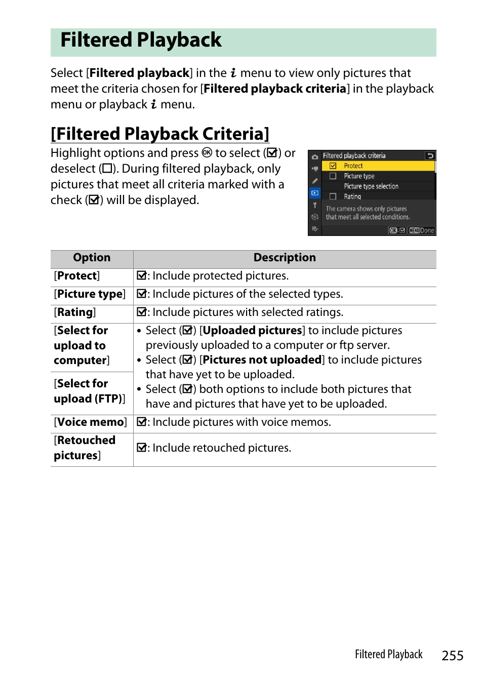 Filtered playback, Filtered playback criteria | Nikon Z9 Mirrorless Camera User Manual | Page 255 / 914
