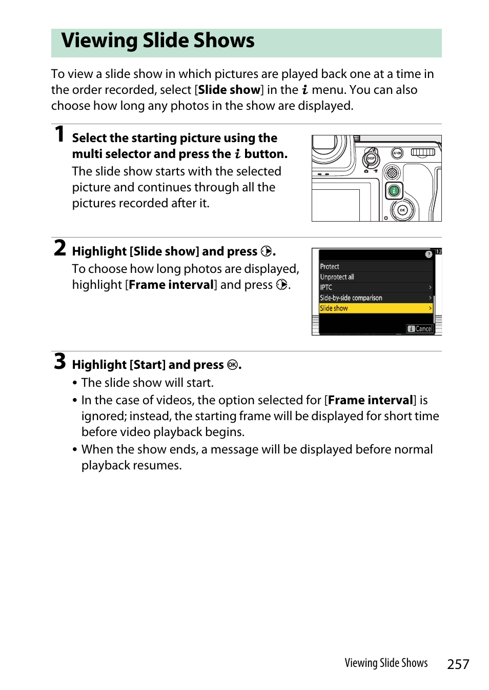 Viewing slide shows | Nikon Z9 Mirrorless Camera User Manual | Page 257 / 914