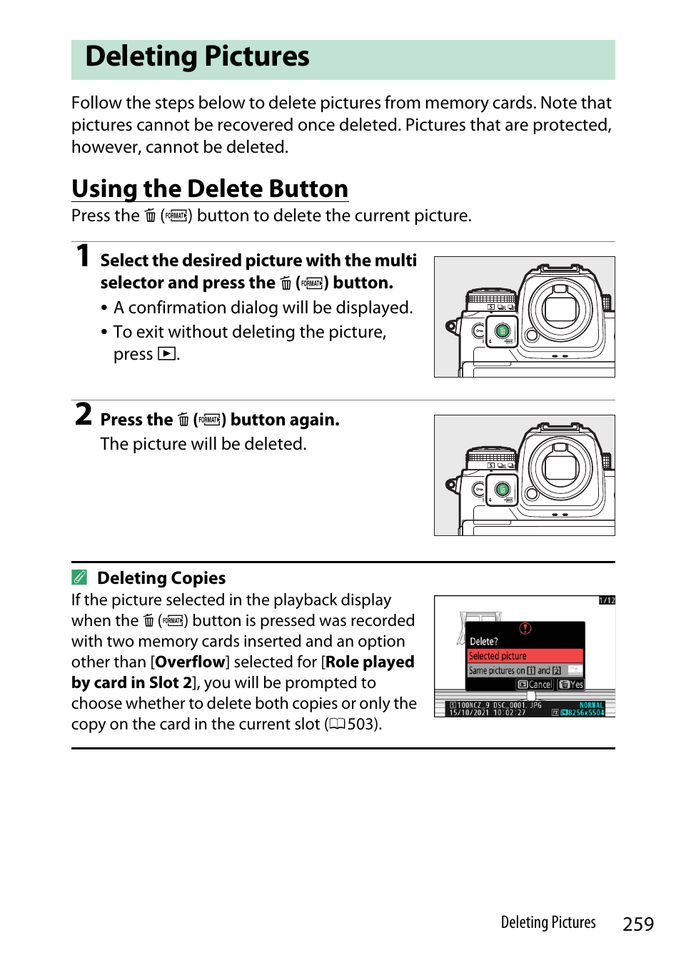 Deleting pictures, Using the delete button | Nikon Z9 Mirrorless Camera User Manual | Page 259 / 914