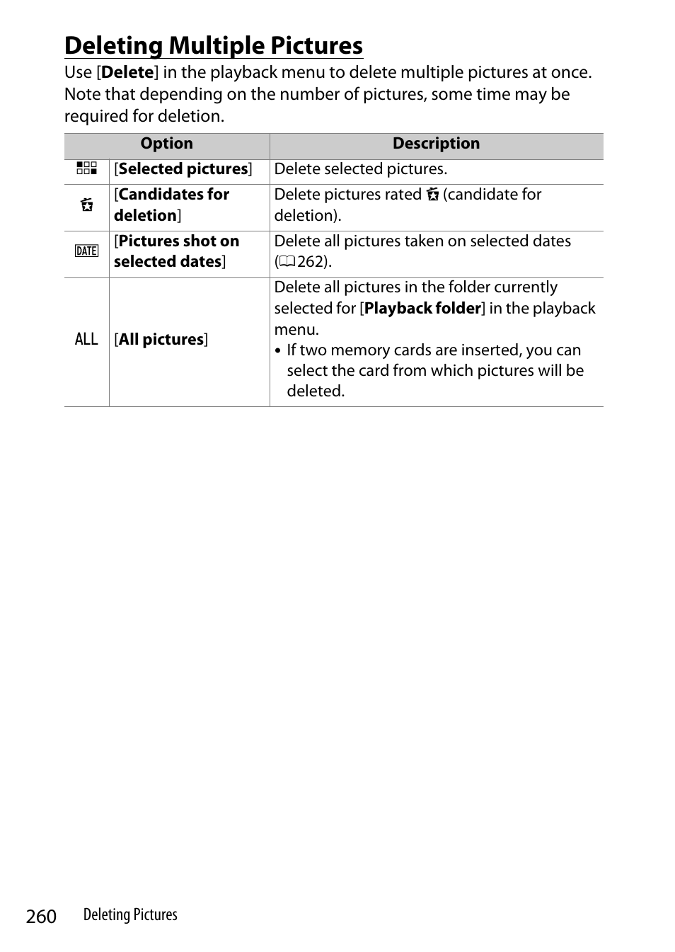 Deleting multiple pictures | Nikon Z9 Mirrorless Camera User Manual | Page 260 / 914