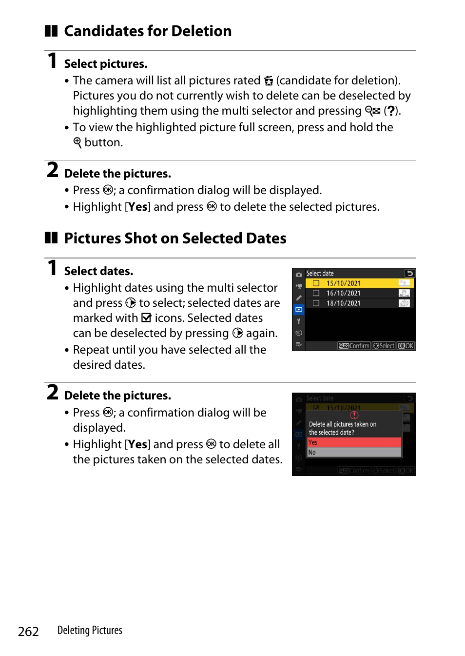 Candidates for deletion, Pictures shot on selected dates | Nikon Z9 Mirrorless Camera User Manual | Page 262 / 914