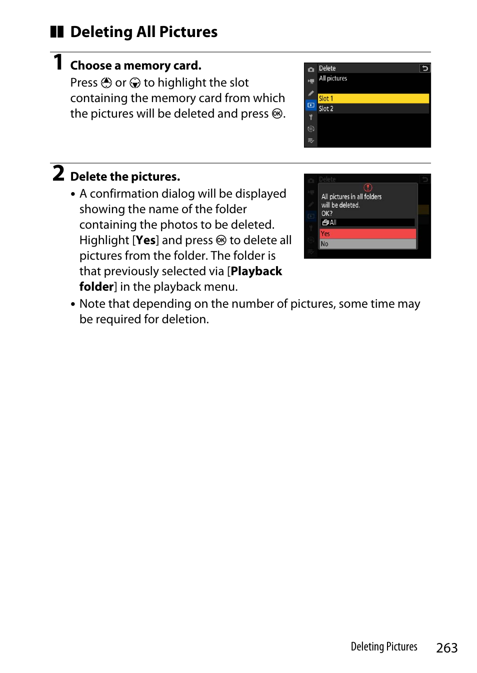 Deleting all pictures | Nikon Z9 Mirrorless Camera User Manual | Page 263 / 914