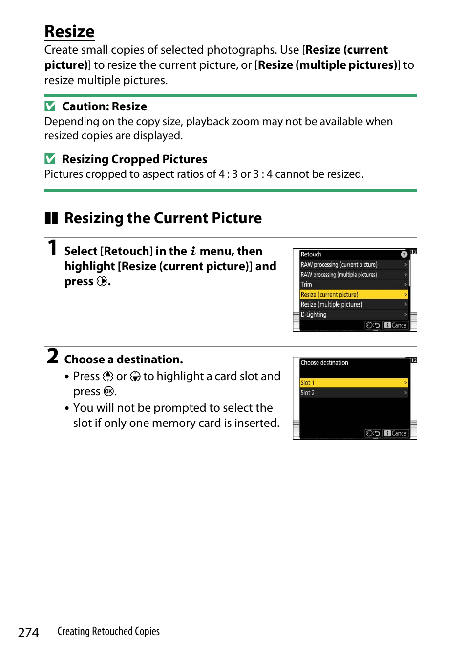 Resize, Resizing the current picture | Nikon Z9 Mirrorless Camera User Manual | Page 274 / 914