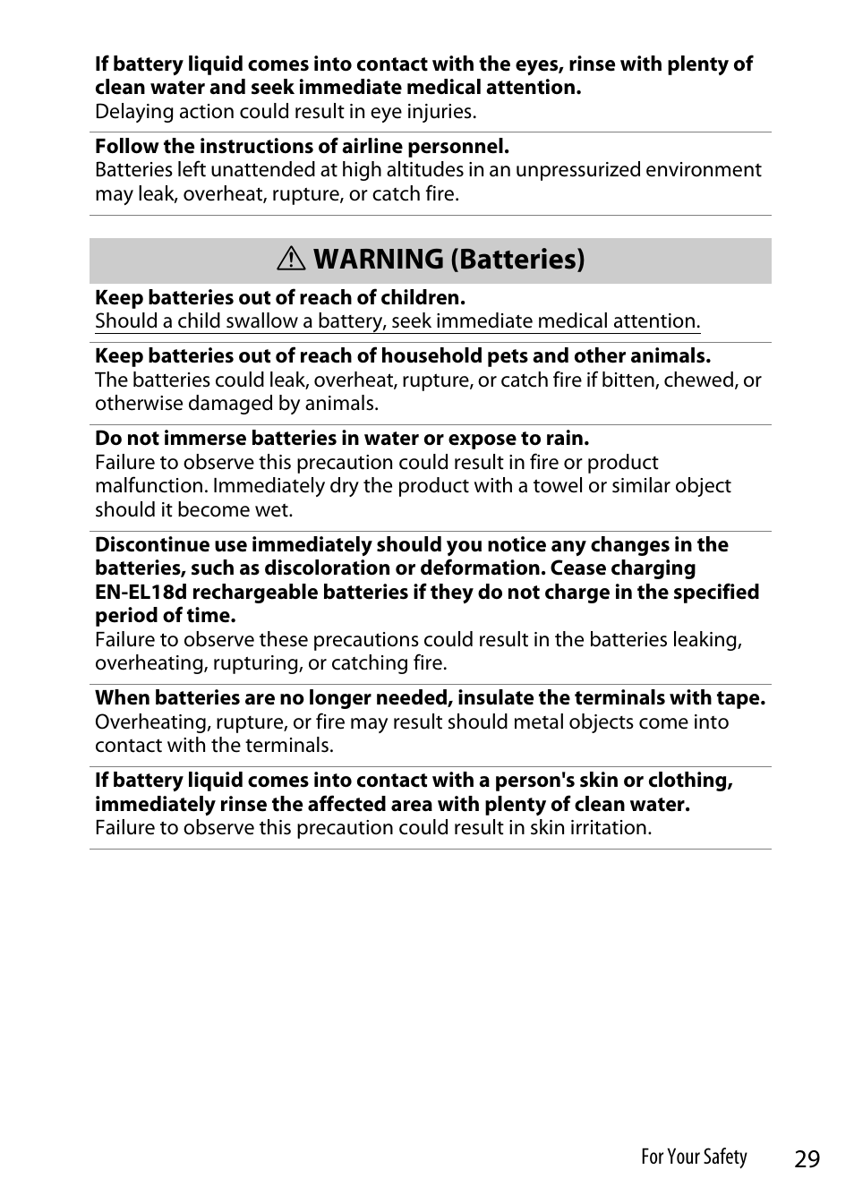 Warning (batteries) | Nikon Z9 Mirrorless Camera User Manual | Page 29 / 914