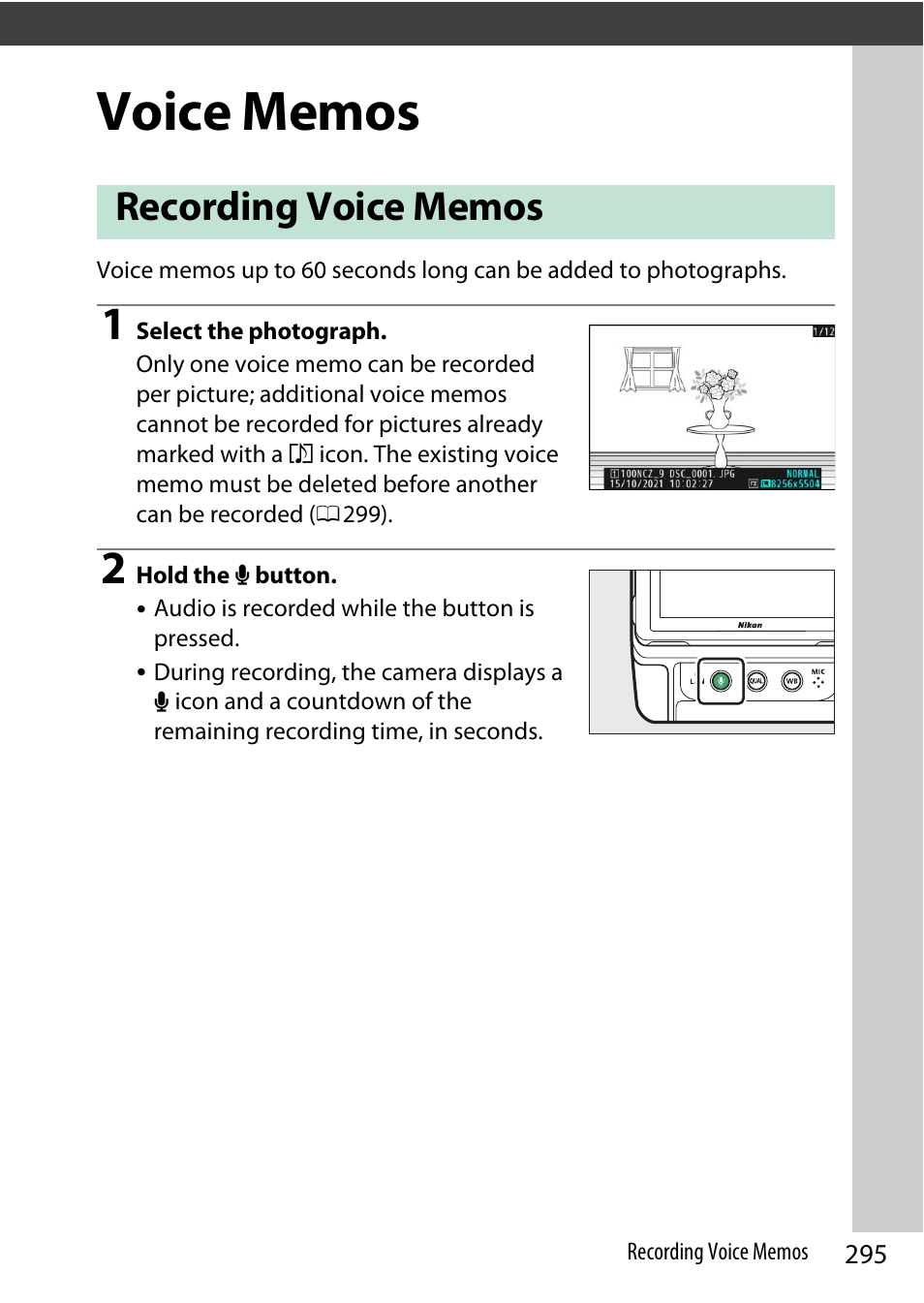 Voice memos, Recording voice memos | Nikon Z9 Mirrorless Camera User Manual | Page 295 / 914