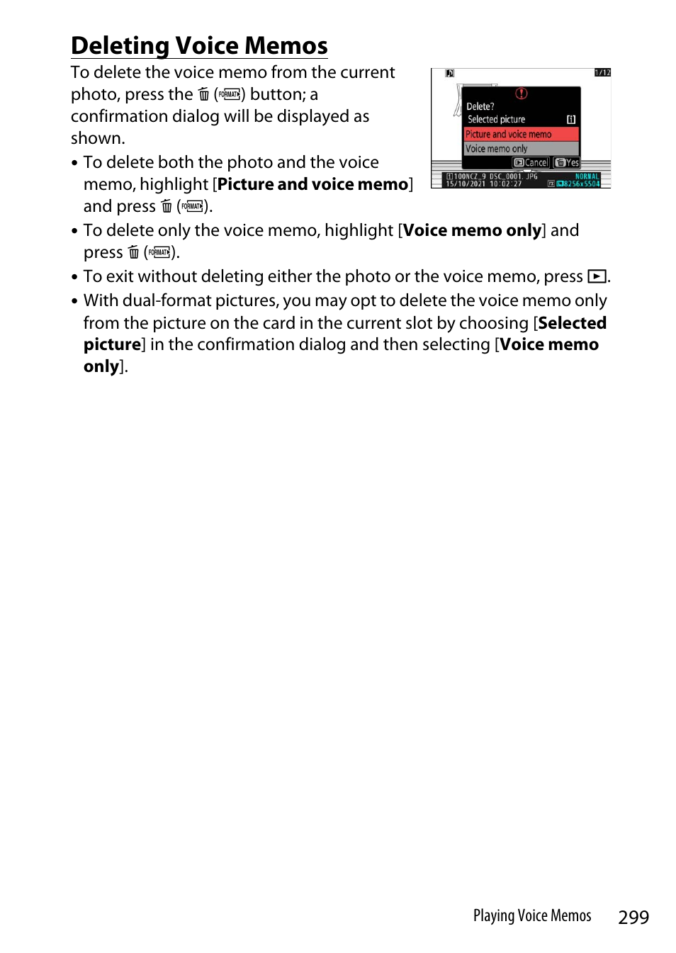 Deleting voice memos | Nikon Z9 Mirrorless Camera User Manual | Page 299 / 914