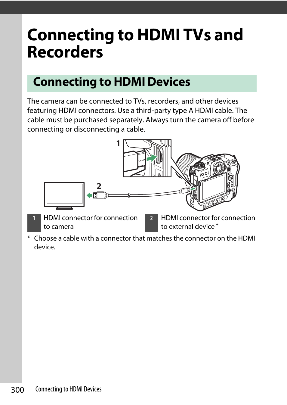 Connecting to hdmi tvs and recorders, Connecting to hdmi devices | Nikon Z9 Mirrorless Camera User Manual | Page 300 / 914