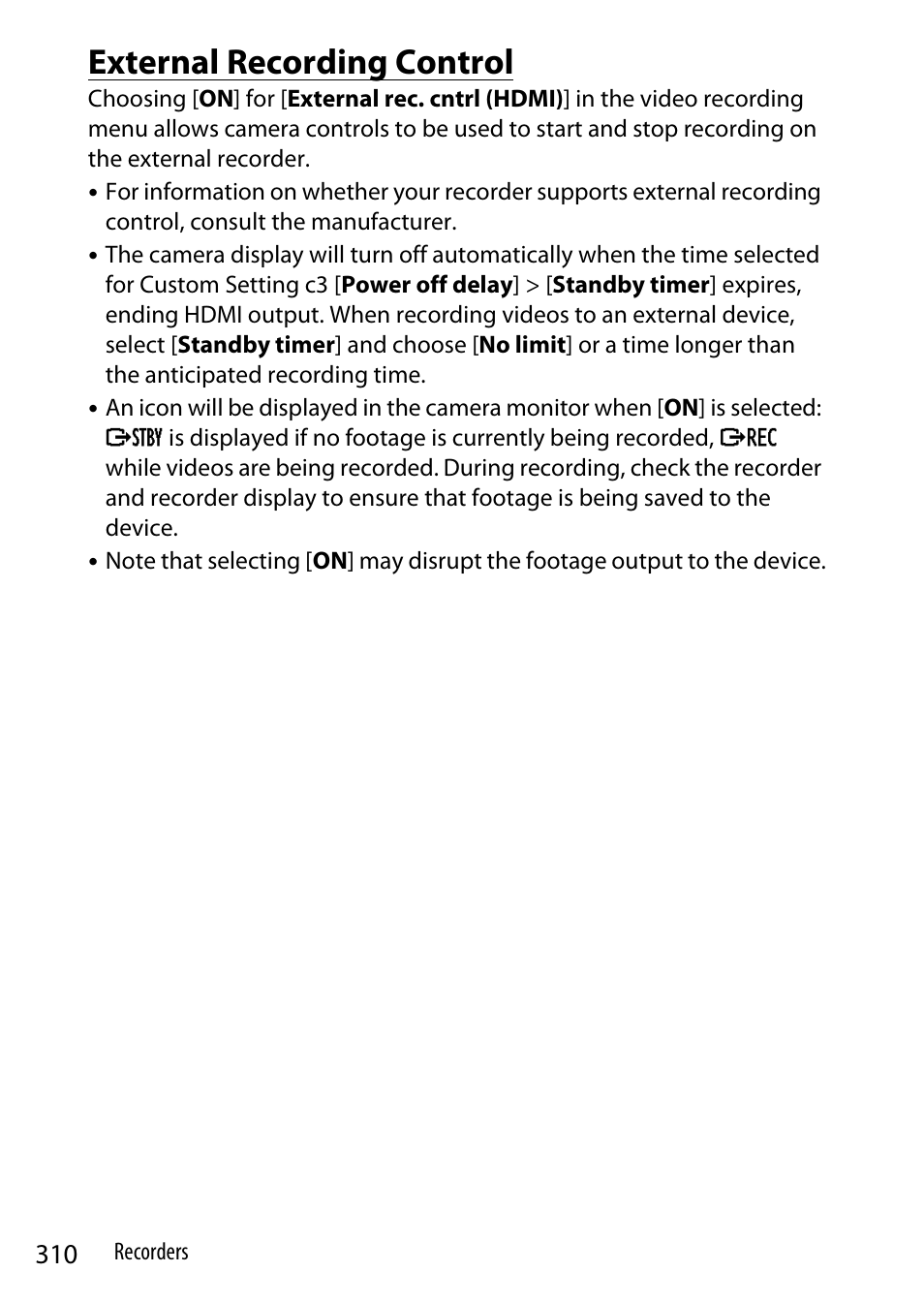 External recording control | Nikon Z9 Mirrorless Camera User Manual | Page 310 / 914
