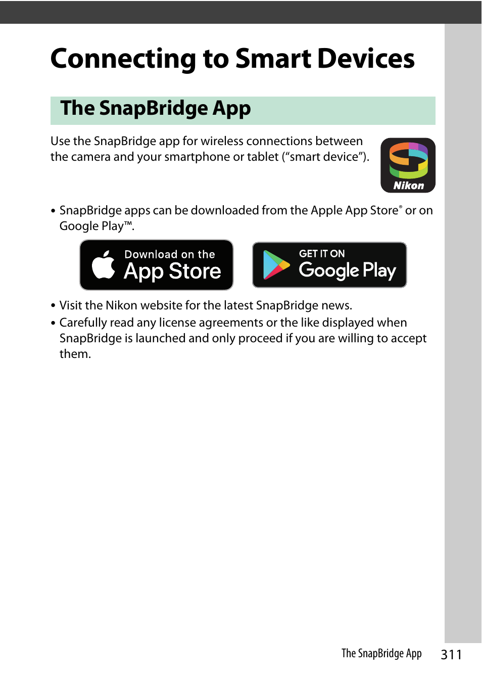 Connecting to smart devices, The snapbridge app | Nikon Z9 Mirrorless Camera User Manual | Page 311 / 914