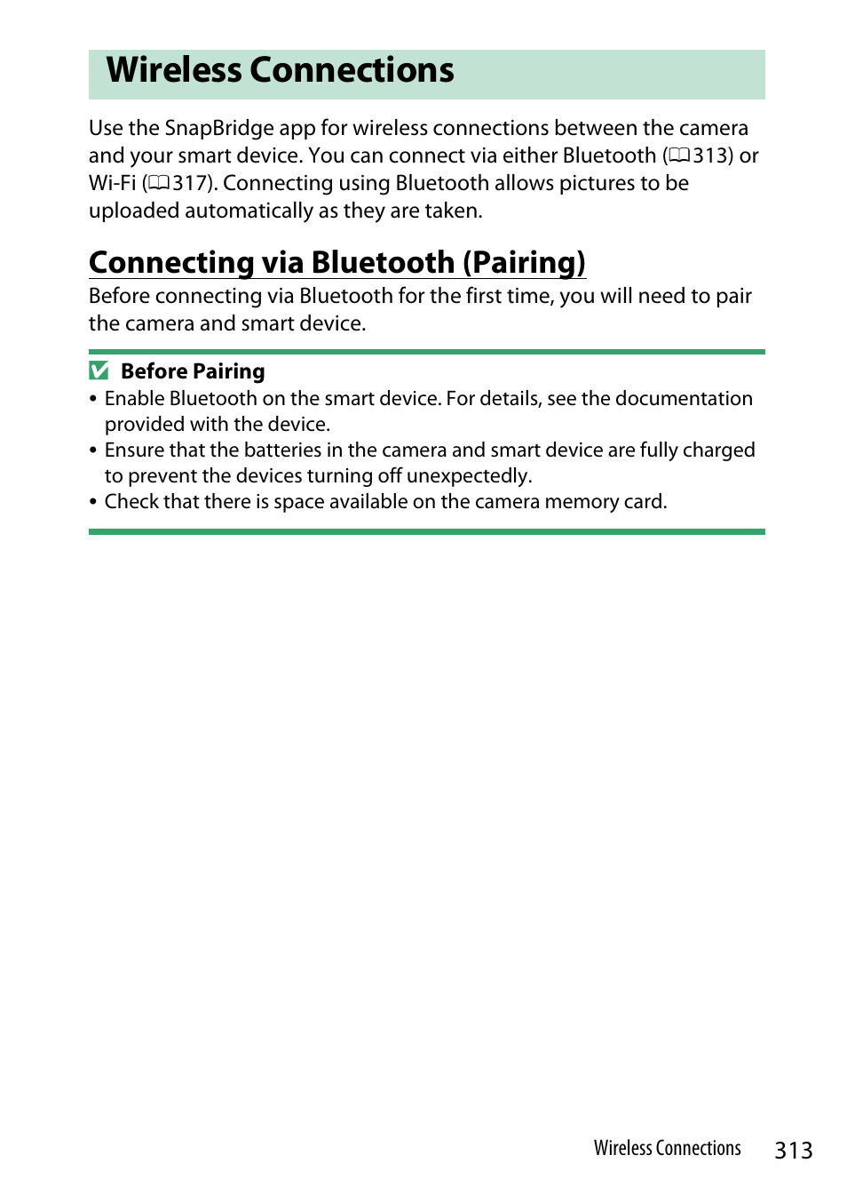 Wireless connections, Connecting via bluetooth (pairing) | Nikon Z9 Mirrorless Camera User Manual | Page 313 / 914