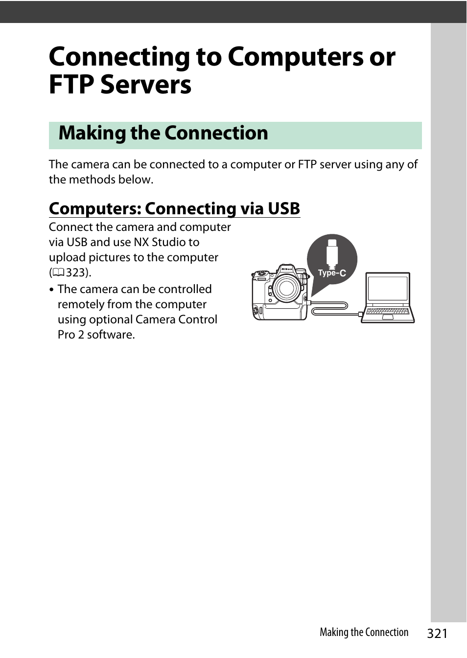 Connecting to computers or ftp servers, Making the connection, Computers: connecting via usb | Nikon Z9 Mirrorless Camera User Manual | Page 321 / 914