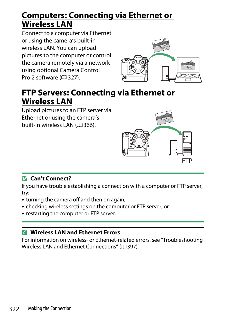 Computers: connecting via ethernet or wireless lan | Nikon Z9 Mirrorless Camera User Manual | Page 322 / 914