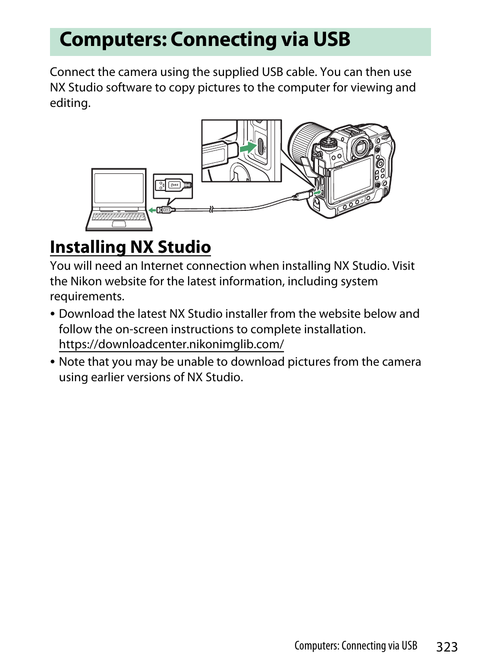 Computers: connecting via usb, Installing nx studio | Nikon Z9 Mirrorless Camera User Manual | Page 323 / 914
